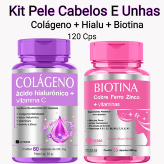Kit Pele Cabelos e Unhas: Colágeno + Hialu + Biotina 120 Cápsulas