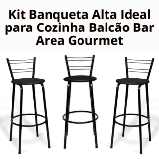 Kit Banqueta Alta Ideal para Cozinha Balcão Bar Area Gourmet Flórida Preta Aço C/ Encosto Cadeira Banco Alto Estrutra Preta