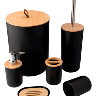 Kit Banheiro Moderno Bambu Com 6 Peças Lixeira Tampa Fechada Cor Preto