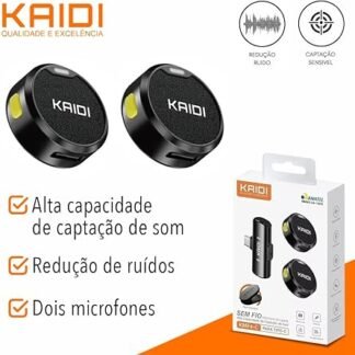 Microfone Lapela Sem Fio Kaidi Com Tipo-C Para Entrevistas e Lives Preto