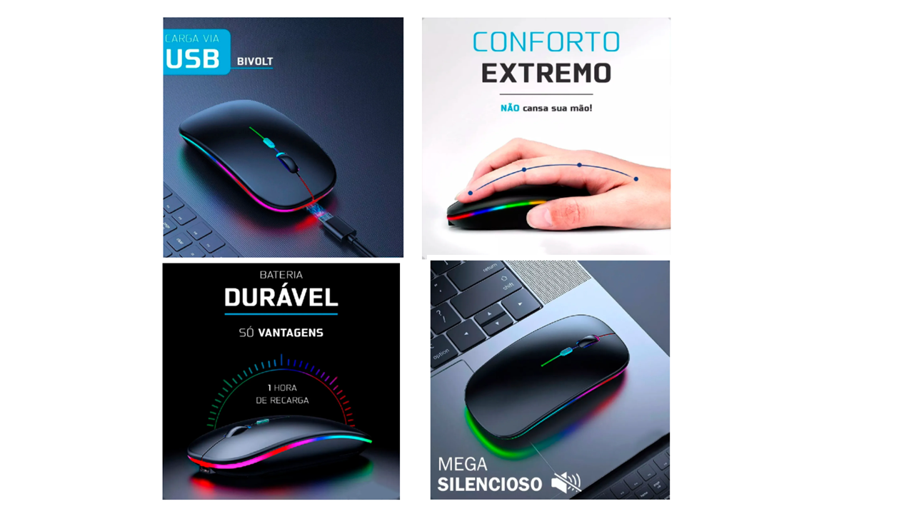 Mouse Sem Fio Recarregável Wireless Optico Led Rgb