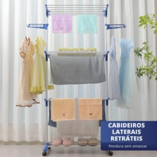 Super Varal De Chão Aço 3 Andares Dobrável Retrátil Resistente Multiuso Grande